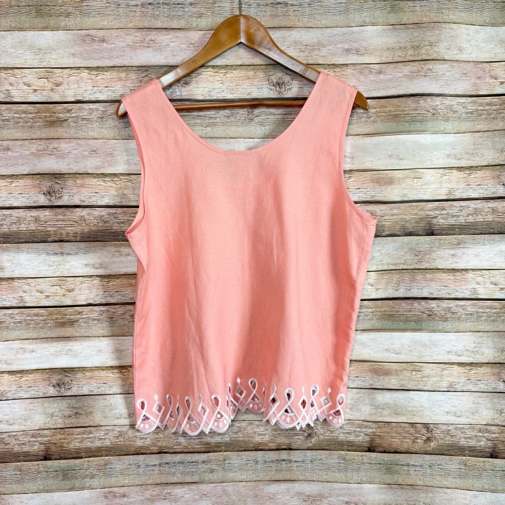 Bob Mackie Orange Coroal Embroidered Scalloped Hem Linen Blend Shell Tank Top L - Picture 7 of 8